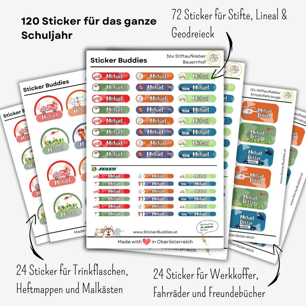 Namensaufkleber Schule Set (120 Sticker) - Sticker Buddies