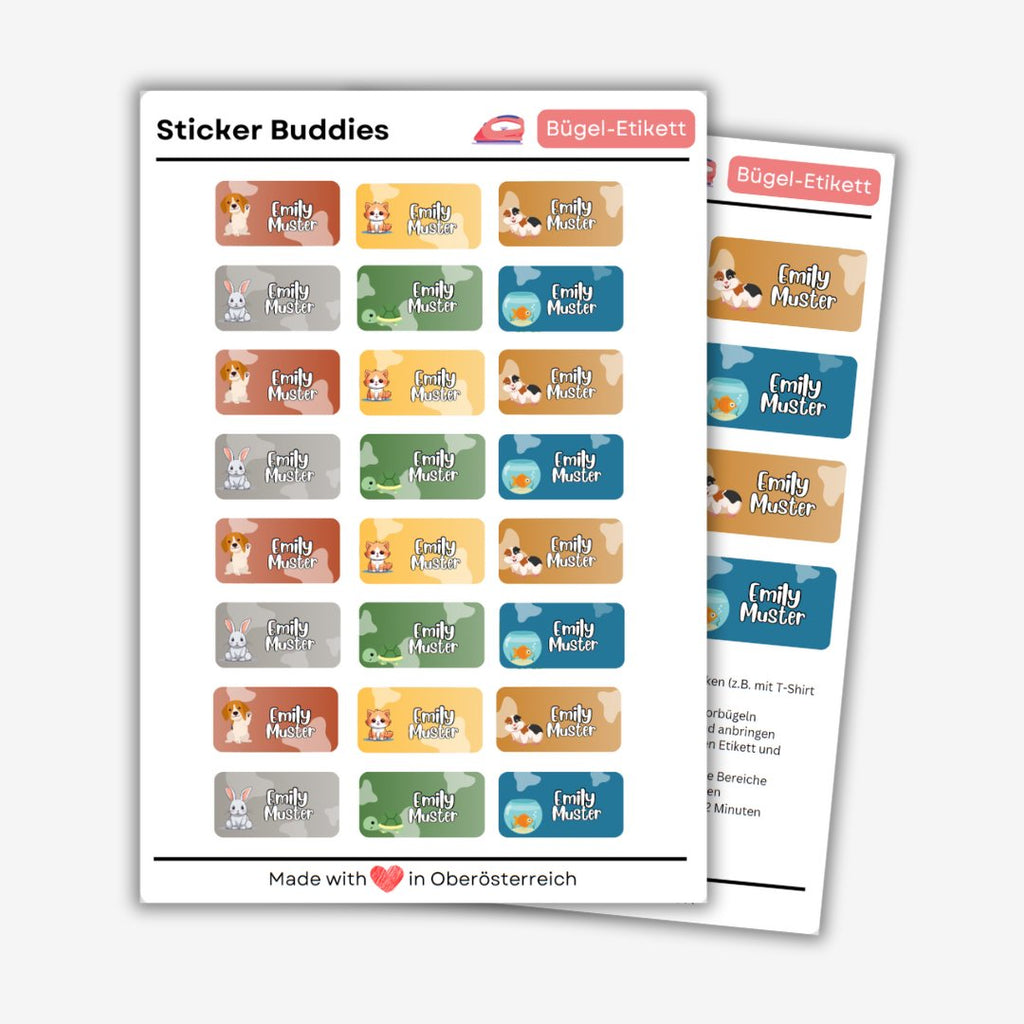 Personalisierte Bügeletiketten für Kinder Kleidung (waschmaschinenfest) - 36 Etiketten - Sticker Buddies