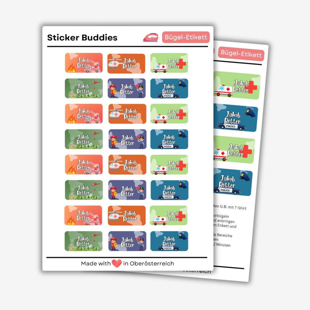 Personalisierte Bügeletiketten für Kinder Kleidung (waschmaschinenfest) - 36 Etiketten - Sticker Buddies