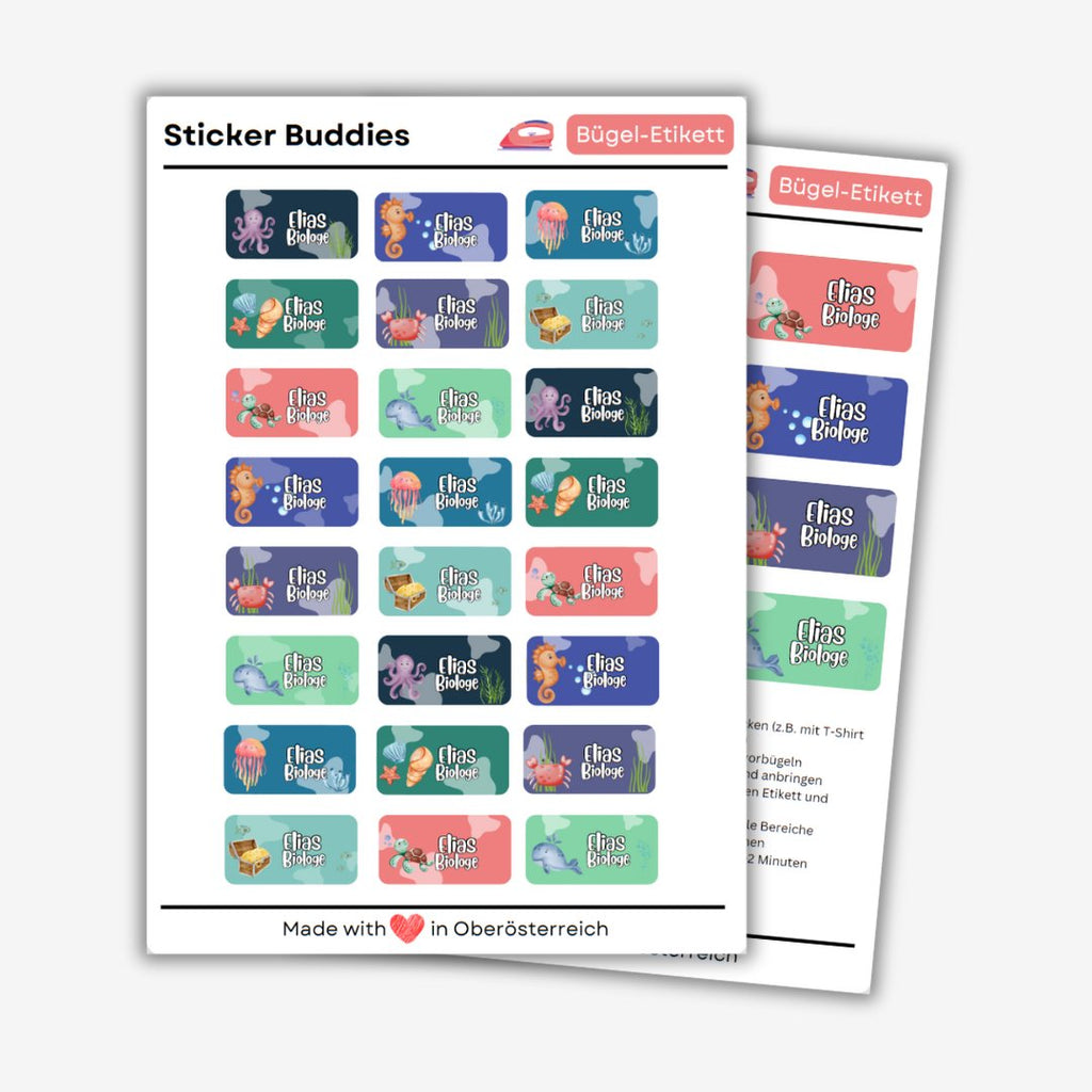 Personalisierte Bügeletiketten für Kinder Kleidung (waschmaschinenfest) - 36 Etiketten - Sticker Buddies